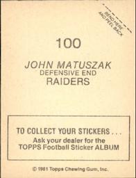 1981 Topps Stickers #100 John Matuszak Back