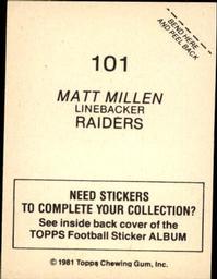 1981 Topps Stickers #101 Matt Millen Back