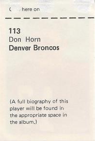 1972 NFLPA Wonderful World Stamps #113 Don Horn Back