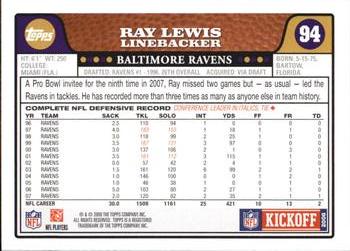 2008 Topps Kickoff #94 Ray Lewis Back