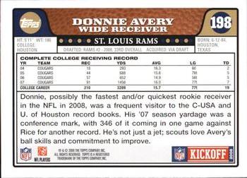 2008 Topps Kickoff #198 Donnie Avery Back
