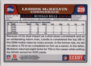2008 Topps Kickoff #219 Leodis McKelvin Back