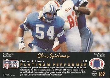 1991 Pro Set Platinum #189 Chris Spielman Back