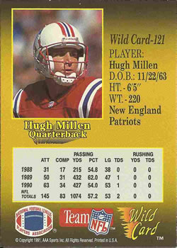 1991 Wild Card #121 Hugh Millen Back