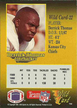 1991 Wild Card #22 Derrick Thomas Back