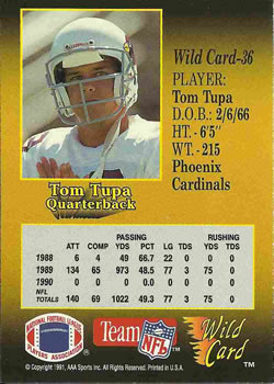 1991 Wild Card #36 Tom Tupa Back