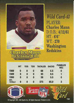 1991 Wild Card #43 Charles Mann Back
