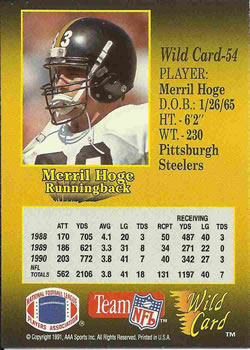 1991 Wild Card #54 Merril Hoge Back