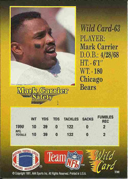 1991 Wild Card #63 Mark Carrier Back