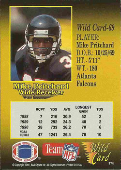 1991 Wild Card #69 Mike Pritchard Back