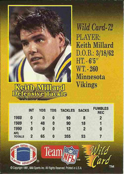 1991 Wild Card #72 Keith Millard Back