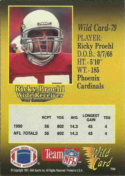 1991 Wild Card #79 Ricky Proehl Back
