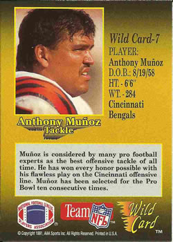 1991 Wild Card #7 Anthony Munoz Back