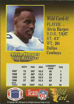 1991 Wild Card #81 Alvin Harper Back