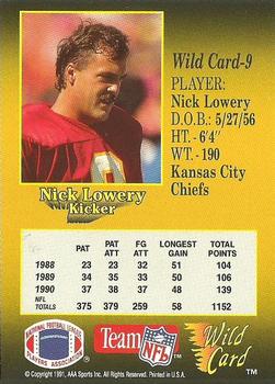 1991 Wild Card #9 Nick Lowery Back