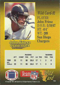 1991 Wild Card #92 John Friesz Back