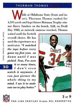 1992 Pro Line Profiles #30 Thurman Thomas Back