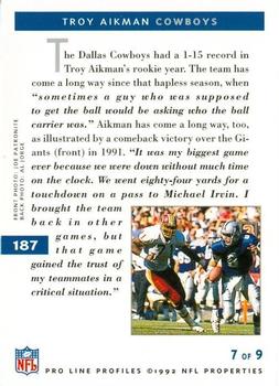 1992 Pro Line Profiles #187 Troy Aikman Back