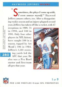 1992 Pro Line Profiles #280 Haywood Jeffires Back