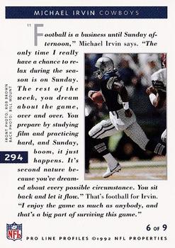 1992 Pro Line Profiles #294 Michael Irvin Back