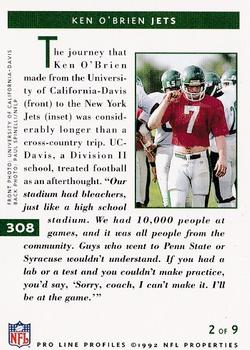 1992 Pro Line Profiles #308 Ken O'Brien Back