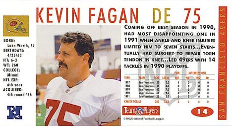 1992 GameDay #14 Kevin Fagan Back