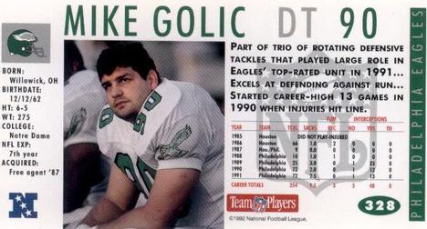1992 GameDay #328 Mike Golic Back