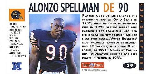 1992 GameDay #39 Alonzo Spellman Back