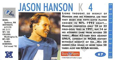 1992 GameDay #67 Jason Hanson Back