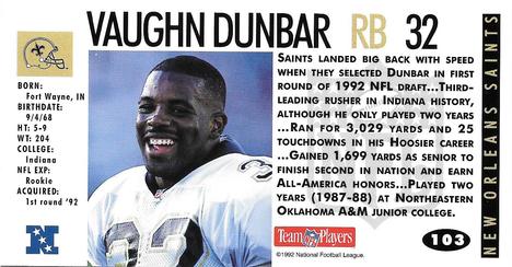 1992 GameDay #103 Vaughn Dunbar Back