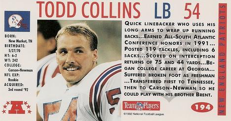 1992 GameDay #194 Todd Collins Back