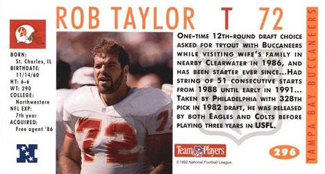 1992 GameDay #296 Rob Taylor Back