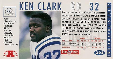 1992 GameDay #308 Ken Clark Back