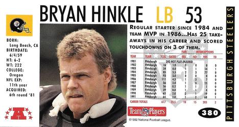 1992 GameDay #380 Bryan Hinkle Back