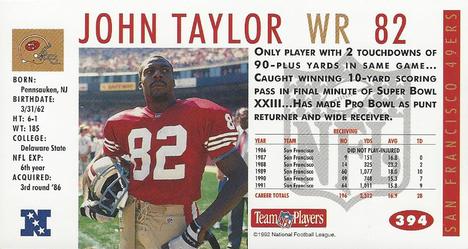 1992 GameDay #394 John Taylor Back