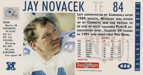 1992 GameDay #458 Jay Novacek Back
