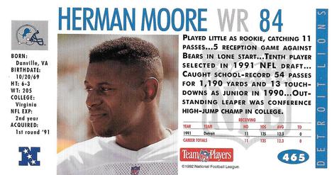 1992 GameDay #465 Herman Moore Back