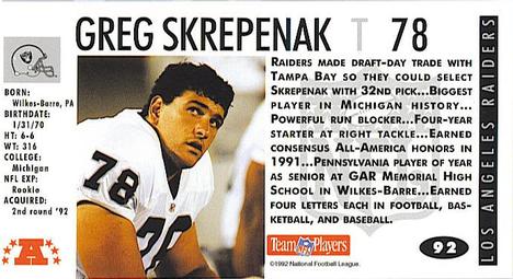 1992 GameDay #92 Greg Skrepenak Back