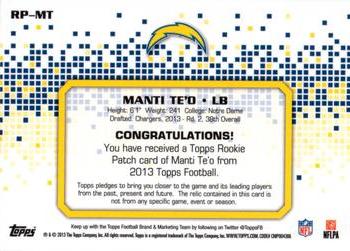 2013 Topps - Rookie Patch #RP-MT Manti Te'o Back