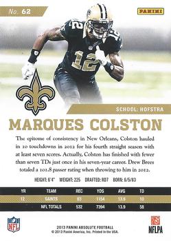 2013 Panini Absolute #62 Marques Colston Back