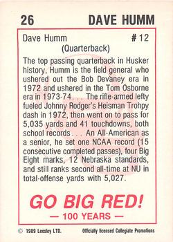 1989 Leesley Nebraska Cornhuskers 100 #26 Dave Humm Back