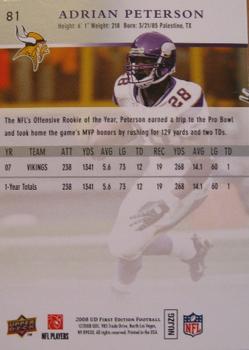 2008 Upper Deck First Edition #81 Adrian Peterson Back