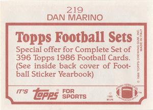1986 Topps Stickers #219 Dan Marino Back