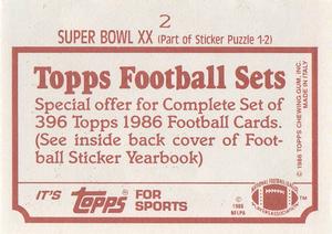 1986 Topps Stickers #2 Super Bowl XX Back