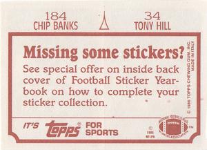 1986 Topps Stickers #34 / 184 Tony Hill / Chip Banks Back