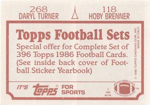 1986 Topps Stickers #118 / 268 Hoby Brenner / Daryl Turner Back