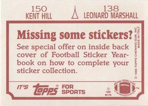 1986 Topps Stickers #138 / 150 Leonard Marshall / Kent Hill Back