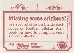 1986 Topps Stickers #283 / 285 Ken O'Brien / Roger Craig Back