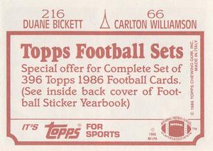 1986 Topps Stickers #66 / 216 Carlton Williamson / Duane Bickett Back