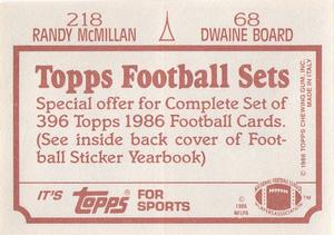 1986 Topps Stickers #68 / 218 Dwaine Board / Randy McMillan Back